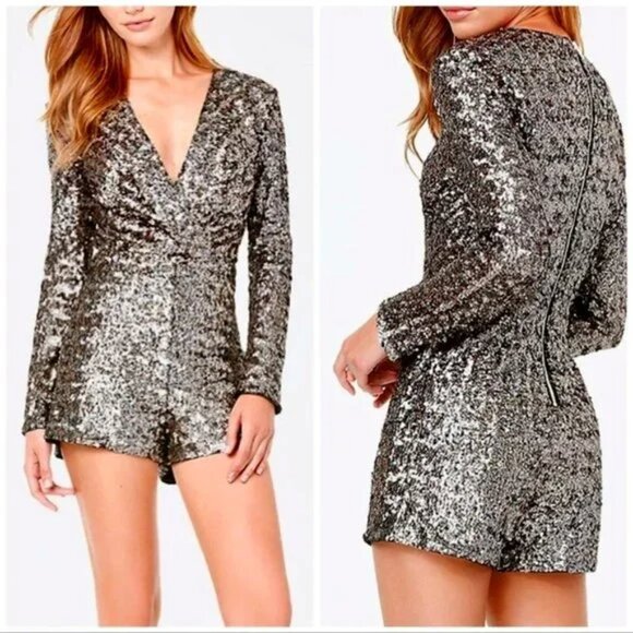 BEBE x NAVEN Bronze, Gunmetal, Gold, Sequin, Deep V-Neck, Romper Size 6 - Picture 10 of 12